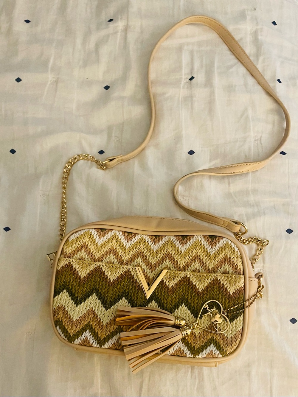 V-Logo Woven Chevron Crossbody Bag in Beige and Olive